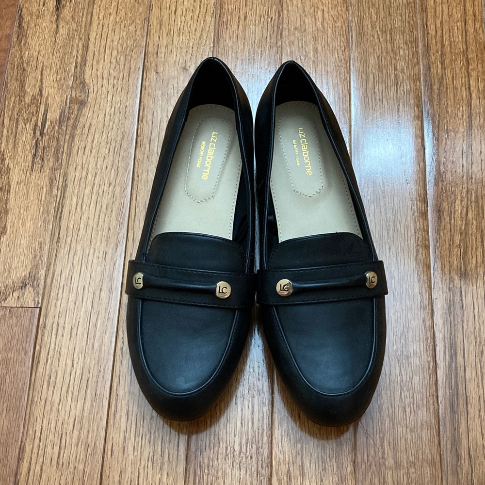 Liz Claiborne Black Loafers with Gold Accents